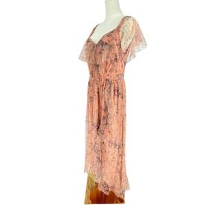 VTG Fairy Sparkle Peach Floral Overlay Maxi Dress Large Asymmetric Coquette Y2k